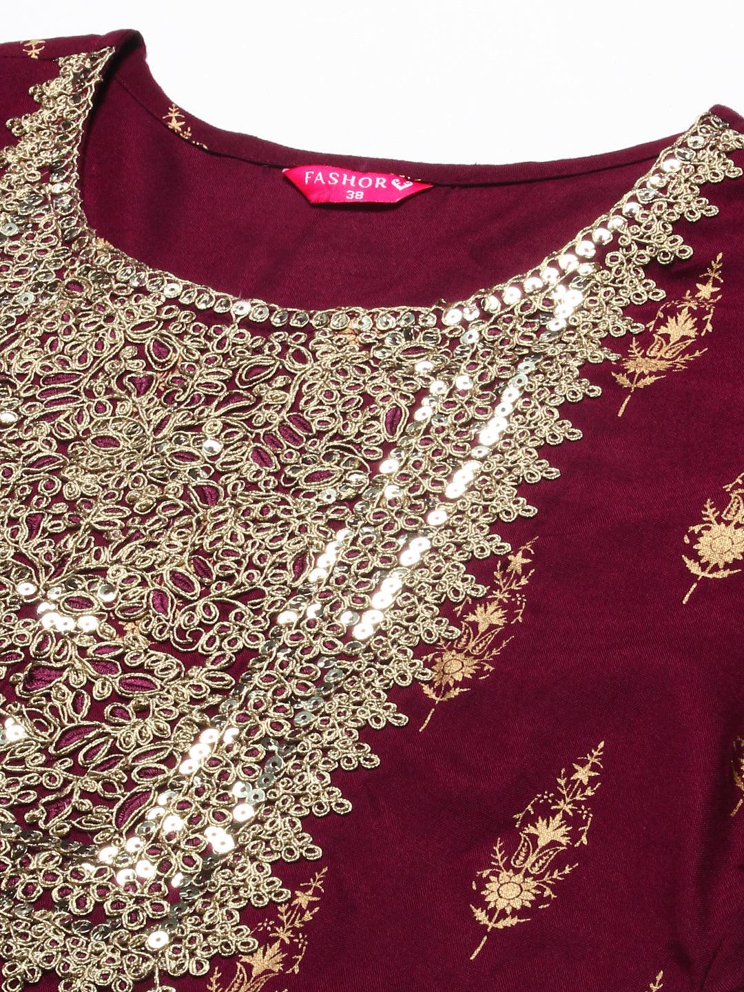 Ethnic Printed & Embroidered Kurta with Pant & Dupatta - Wine - Indiakreations