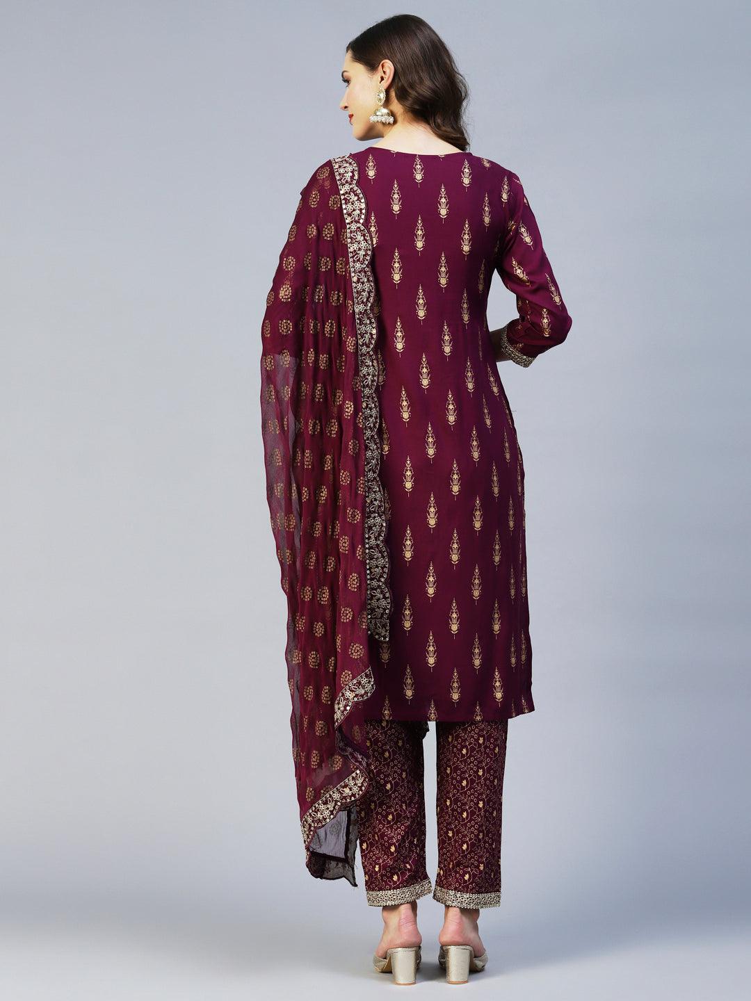 Ethnic Printed & Embroidered Kurta with Pant & Dupatta - Wine - Indiakreations