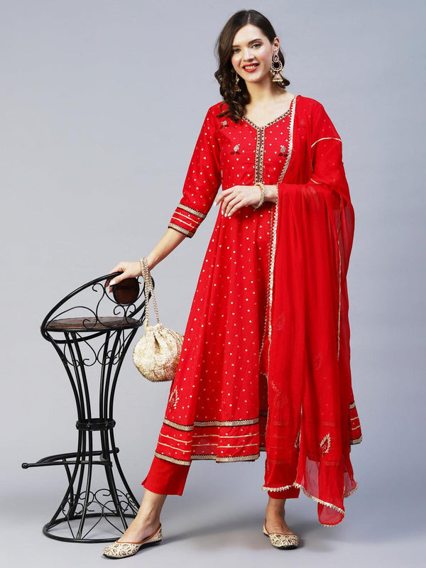 Ethnic Woven & Hand Embroidered Kurta with Pant & Dupatta - Red - Indiakreations