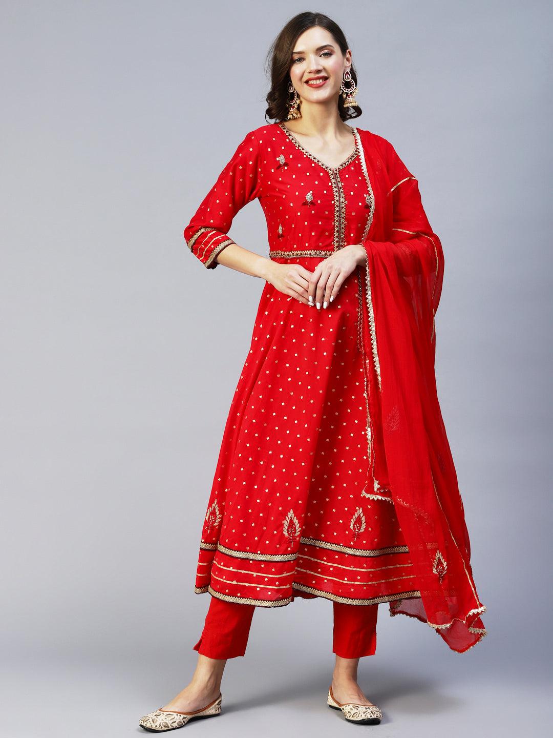 Ethnic Woven & Hand Embroidered Kurta with Pant & Dupatta - Red - Indiakreations