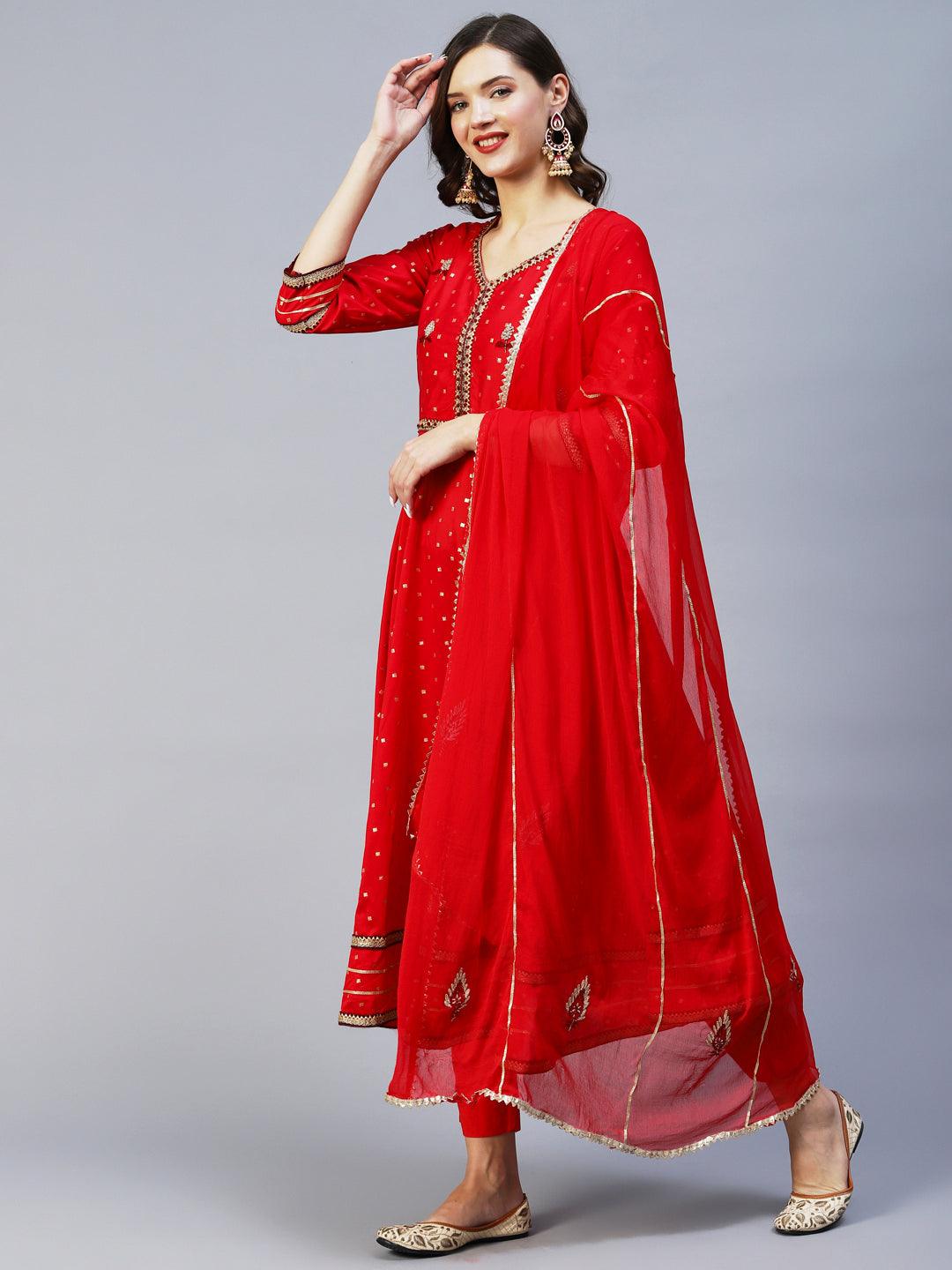 Ethnic Woven & Hand Embroidered Kurta with Pant & Dupatta - Red - Indiakreations