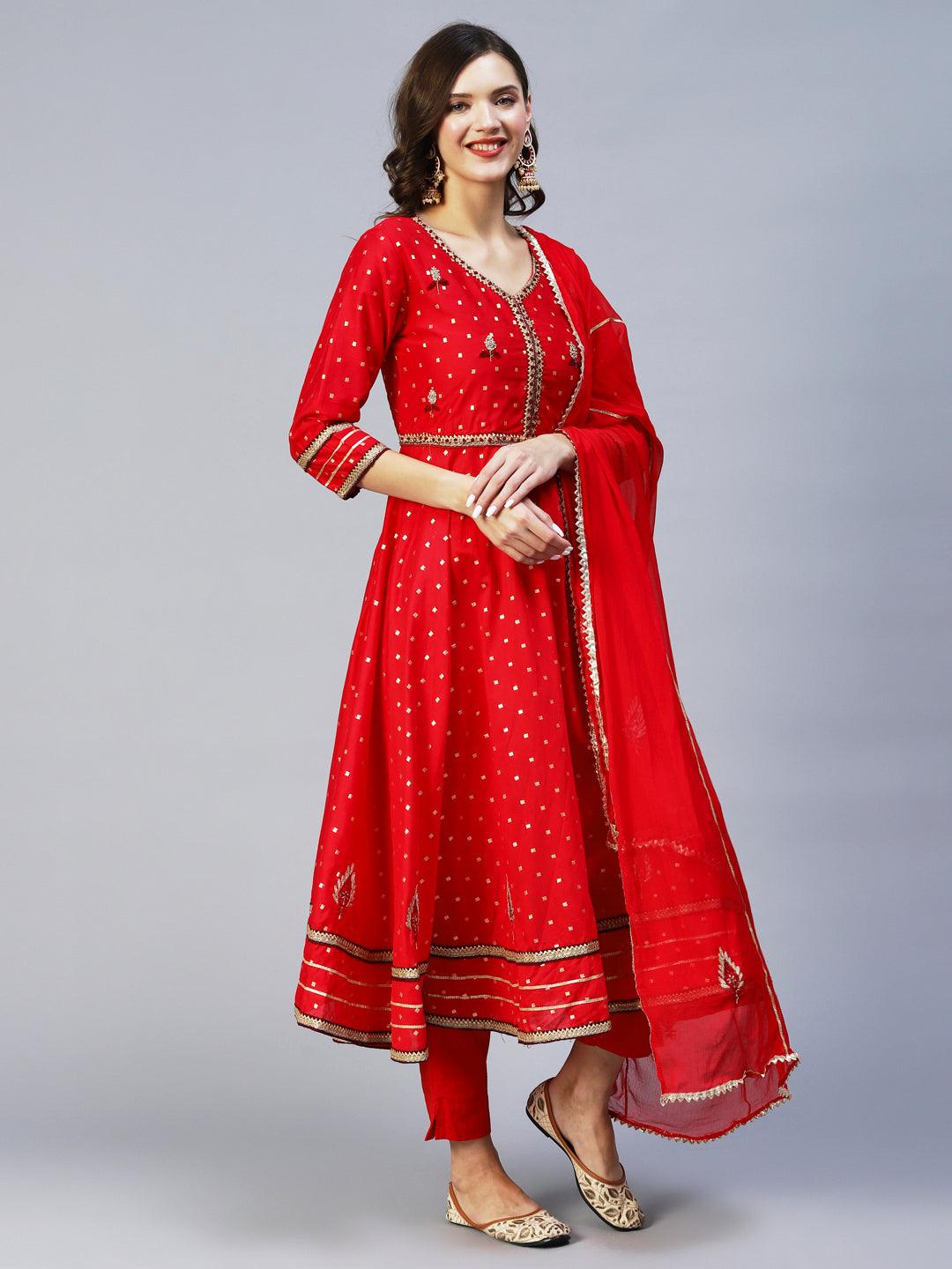 Ethnic Woven & Hand Embroidered Kurta with Pant & Dupatta - Red - Indiakreations