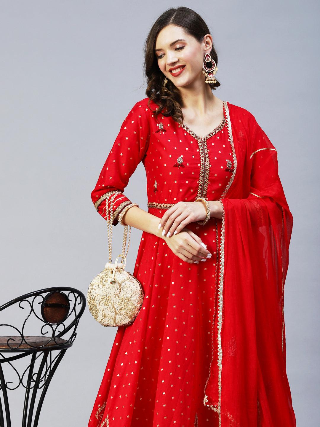 Ethnic Woven & Hand Embroidered Kurta with Pant & Dupatta - Red - Indiakreations