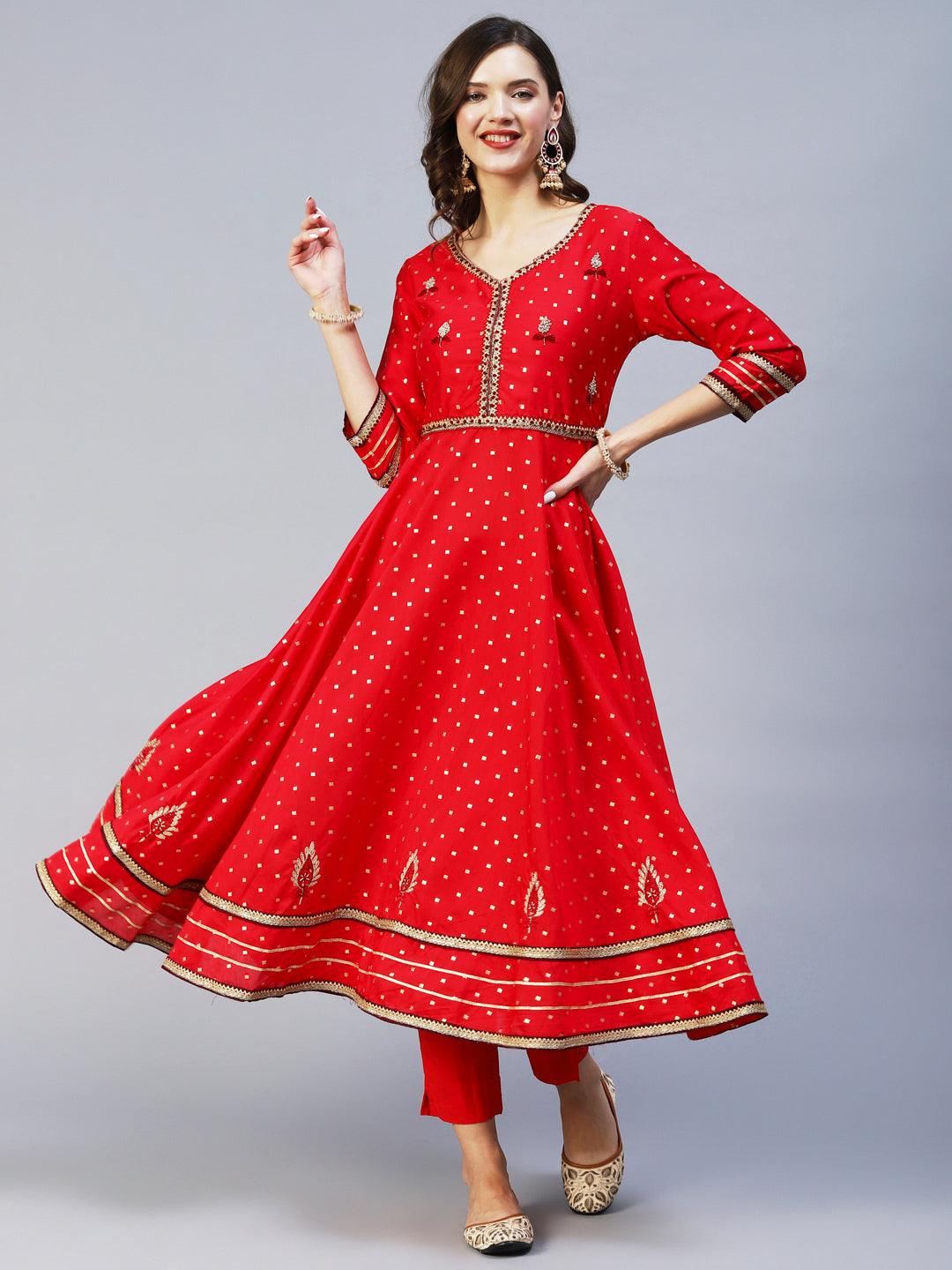 Ethnic Woven & Hand Embroidered Kurta with Pant & Dupatta - Red - Indiakreations