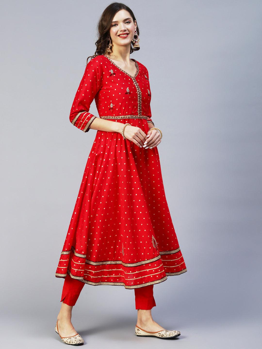 Ethnic Woven & Hand Embroidered Kurta with Pant & Dupatta - Red - Indiakreations