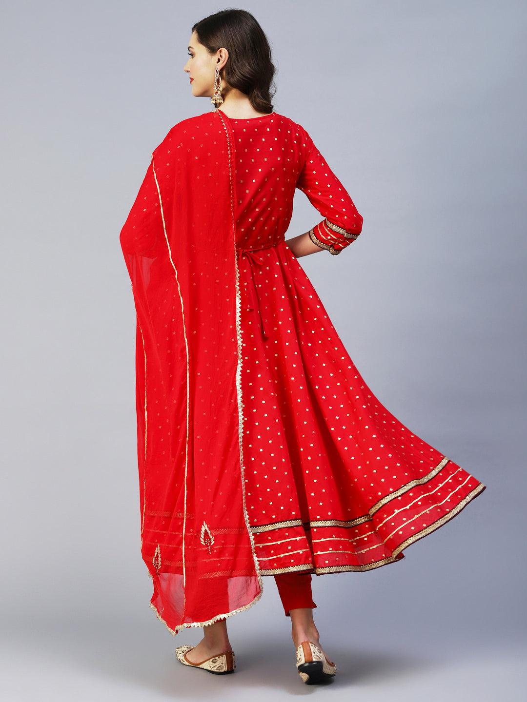 Ethnic Woven & Hand Embroidered Kurta with Pant & Dupatta - Red - Indiakreations