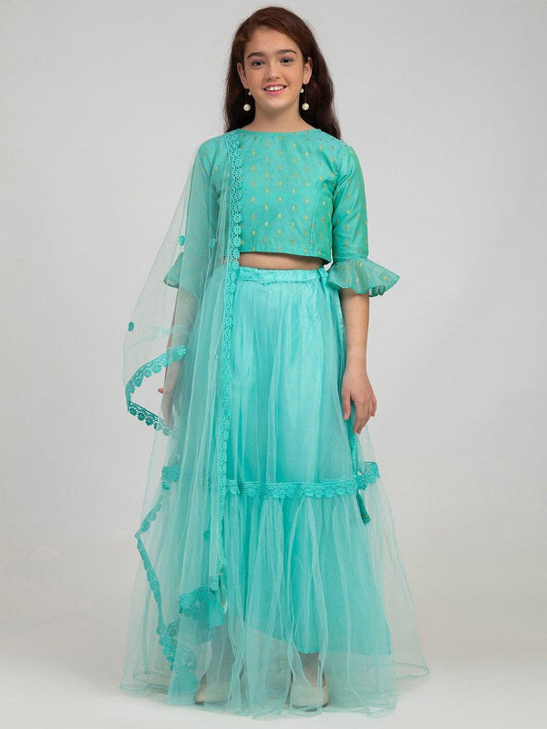 Girl's Sea Green Printed Ready to Wear Lehenga & Blouse With Dupatta - NOZ2TOZ KIDS - Indiakreations