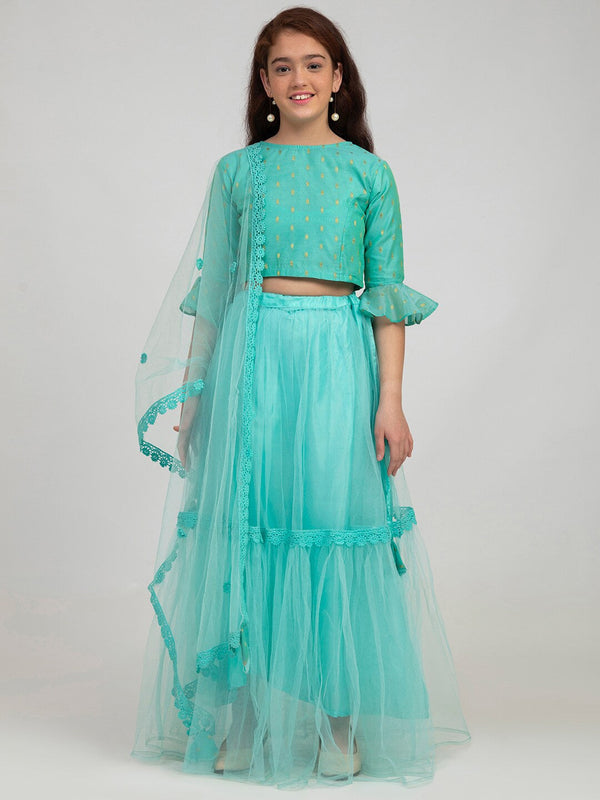 Girl's Sea Green Printed Ready to Wear Lehenga & Blouse With Dupatta - NOZ2TOZ KIDS