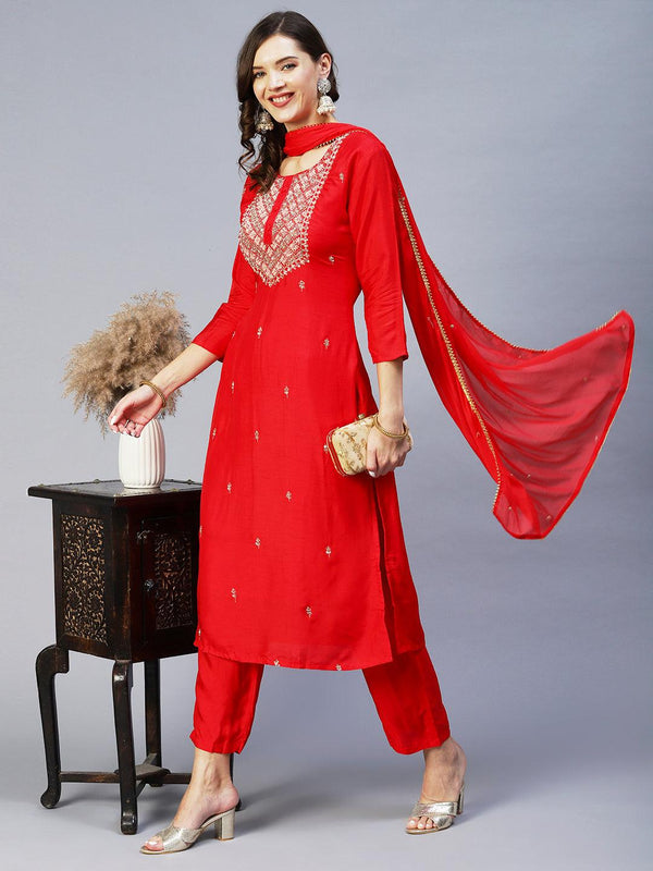 Ethnic Hand Embroidered Straight Kurta with Pant & Dupatta - Red - Indiakreations