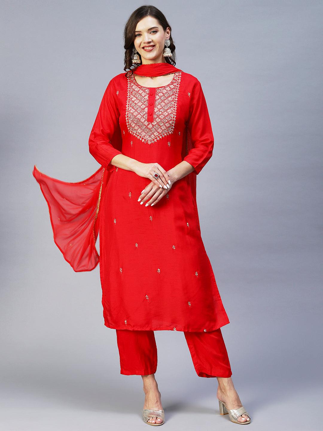 Ethnic Hand Embroidered Straight Kurta with Pant & Dupatta - Red - Indiakreations