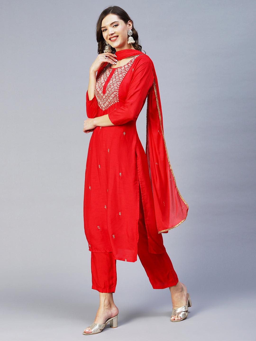 Ethnic Hand Embroidered Straight Kurta with Pant & Dupatta - Red - Indiakreations