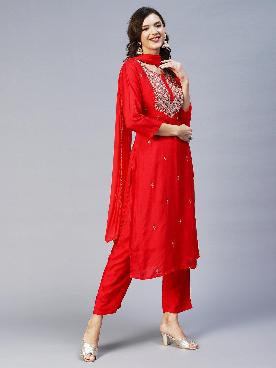 Ethnic Hand Embroidered Straight Kurta with Pant & Dupatta - Red - Indiakreations