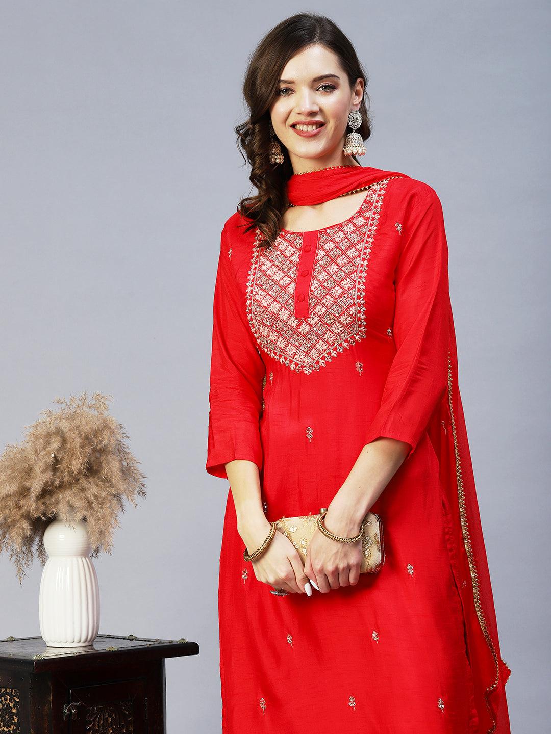 Ethnic Hand Embroidered Straight Kurta with Pant & Dupatta - Red - Indiakreations