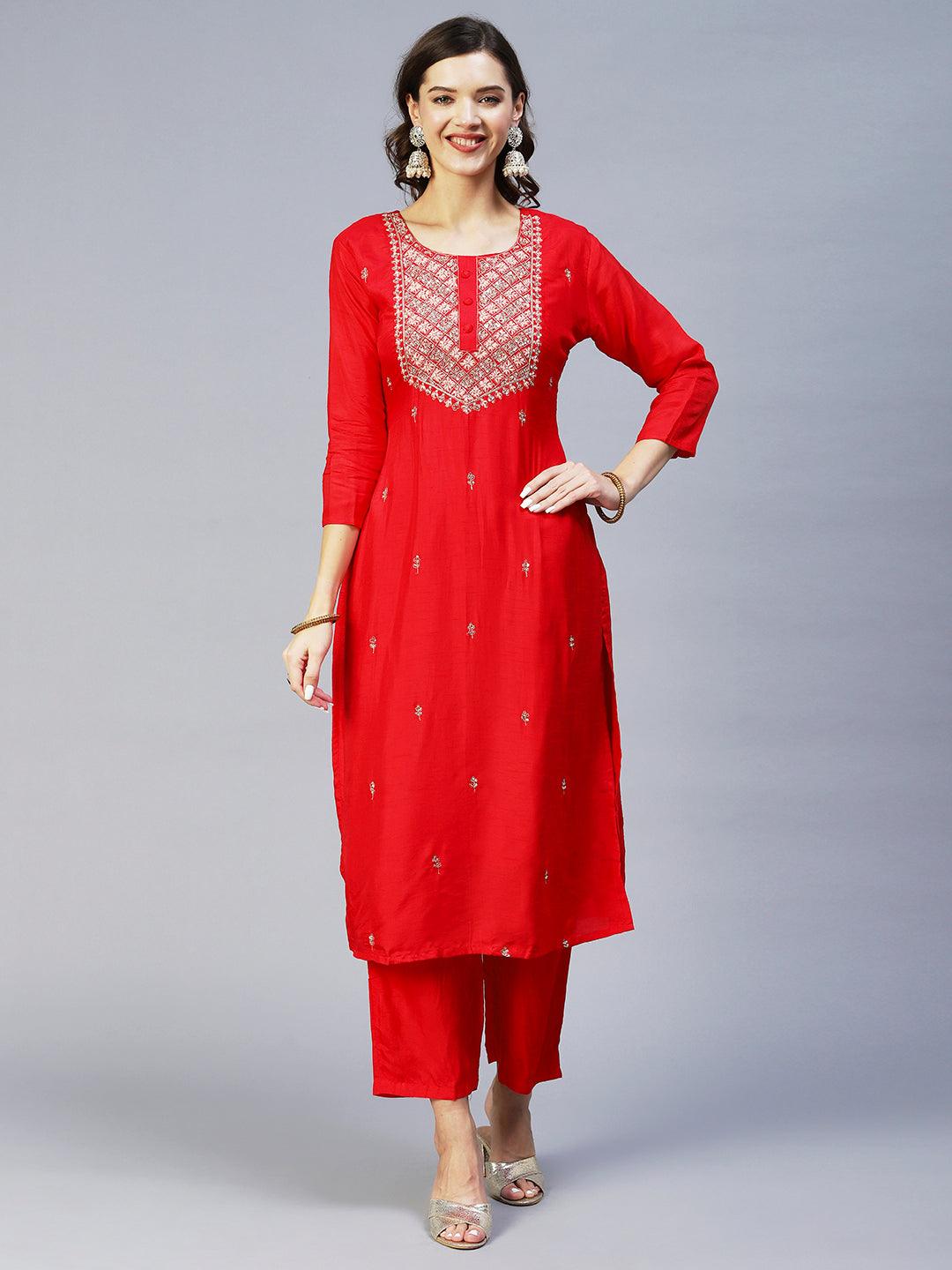 Ethnic Hand Embroidered Straight Kurta with Pant & Dupatta - Red - Indiakreations