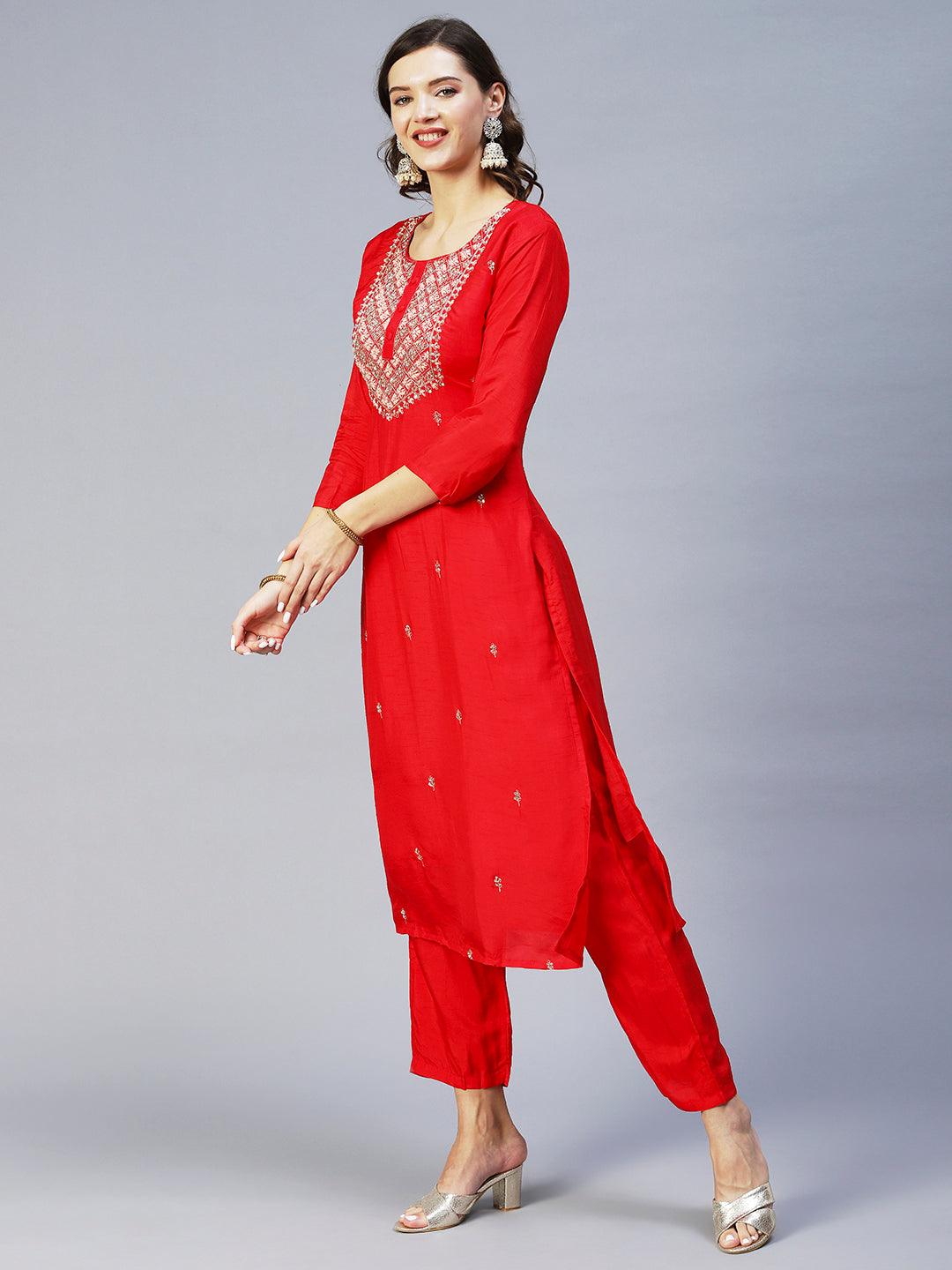 Ethnic Hand Embroidered Straight Kurta with Pant & Dupatta - Red - Indiakreations