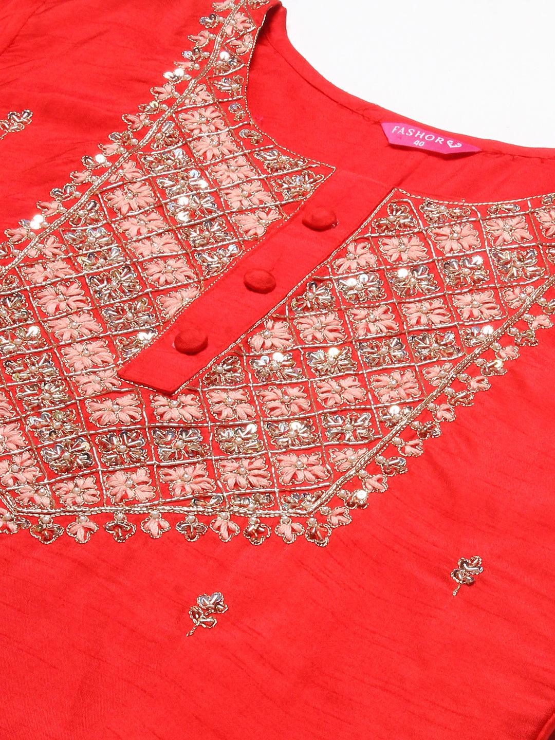 Ethnic Hand Embroidered Straight Kurta with Pant & Dupatta - Red - Indiakreations