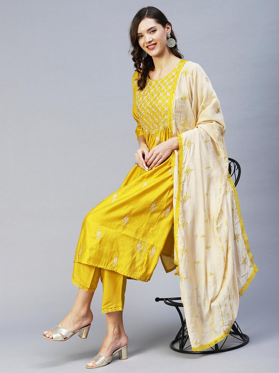 Ethnic Embroidered A-Line Kurta with Pant & Dupatta - Yellow - Indiakreations