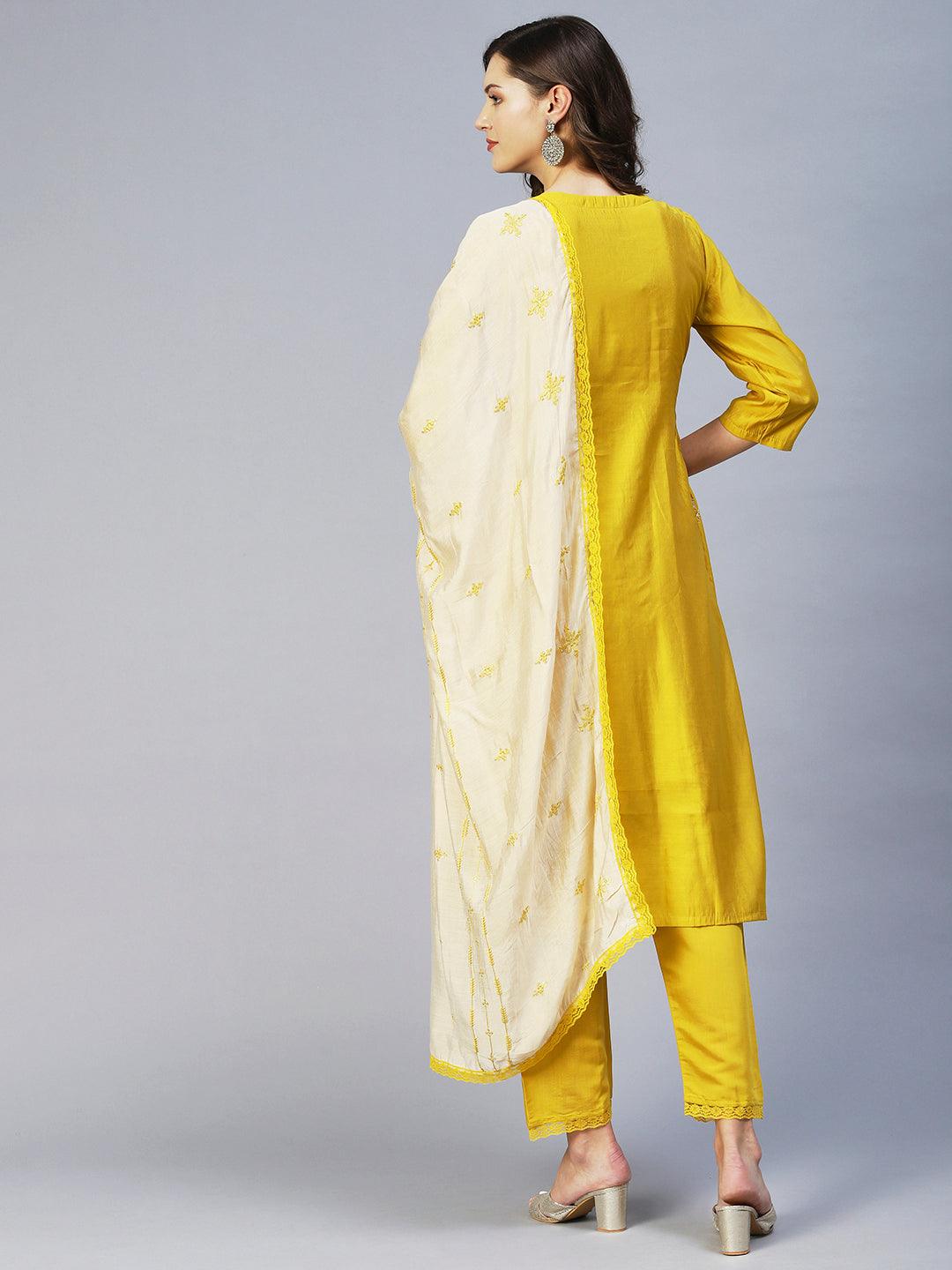 Ethnic Embroidered A-Line Kurta with Pant & Dupatta - Yellow - Indiakreations