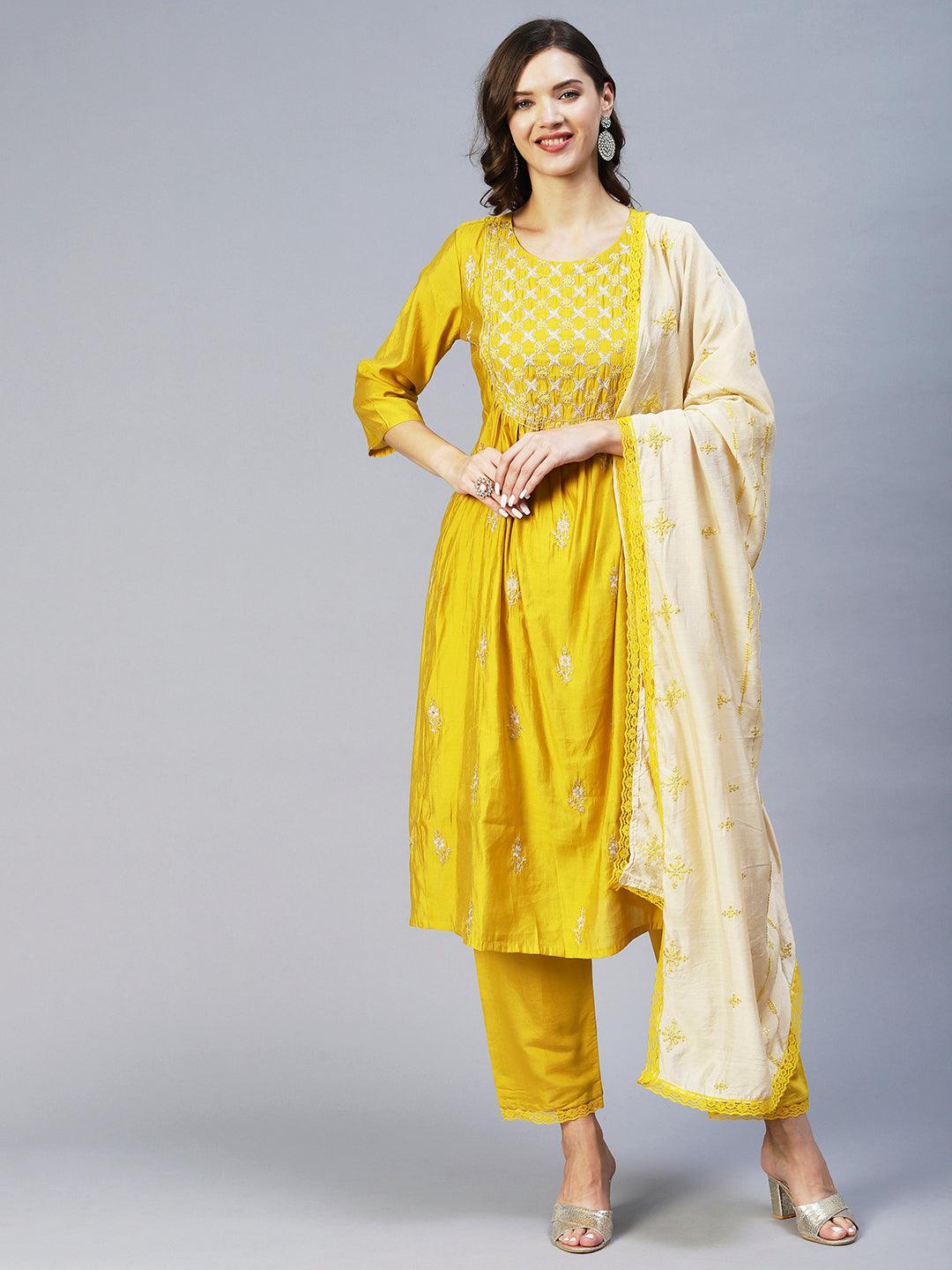 Ethnic Embroidered A-Line Kurta with Pant & Dupatta - Yellow - Indiakreations