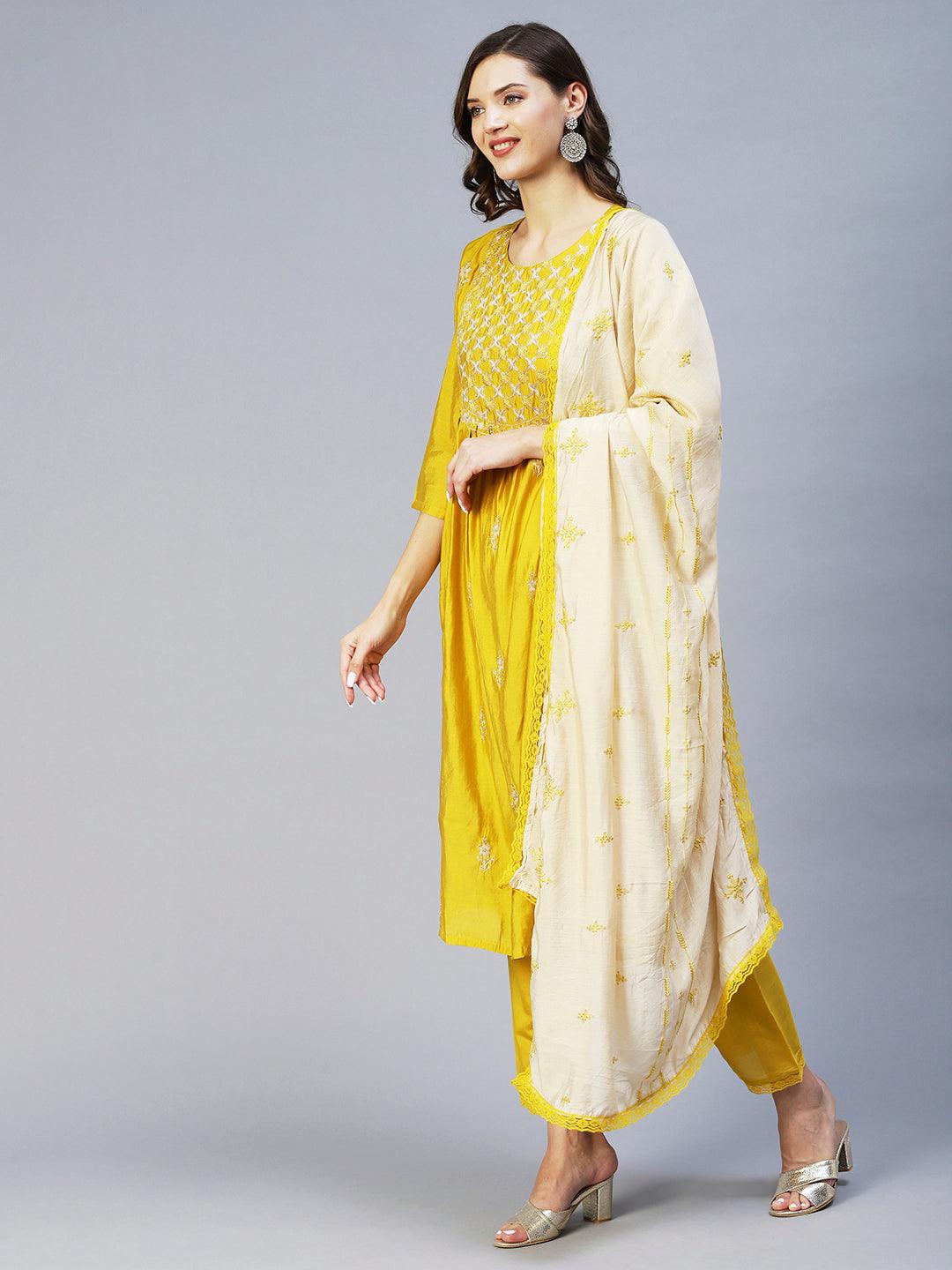 Ethnic Embroidered A-Line Kurta with Pant & Dupatta - Yellow - Indiakreations