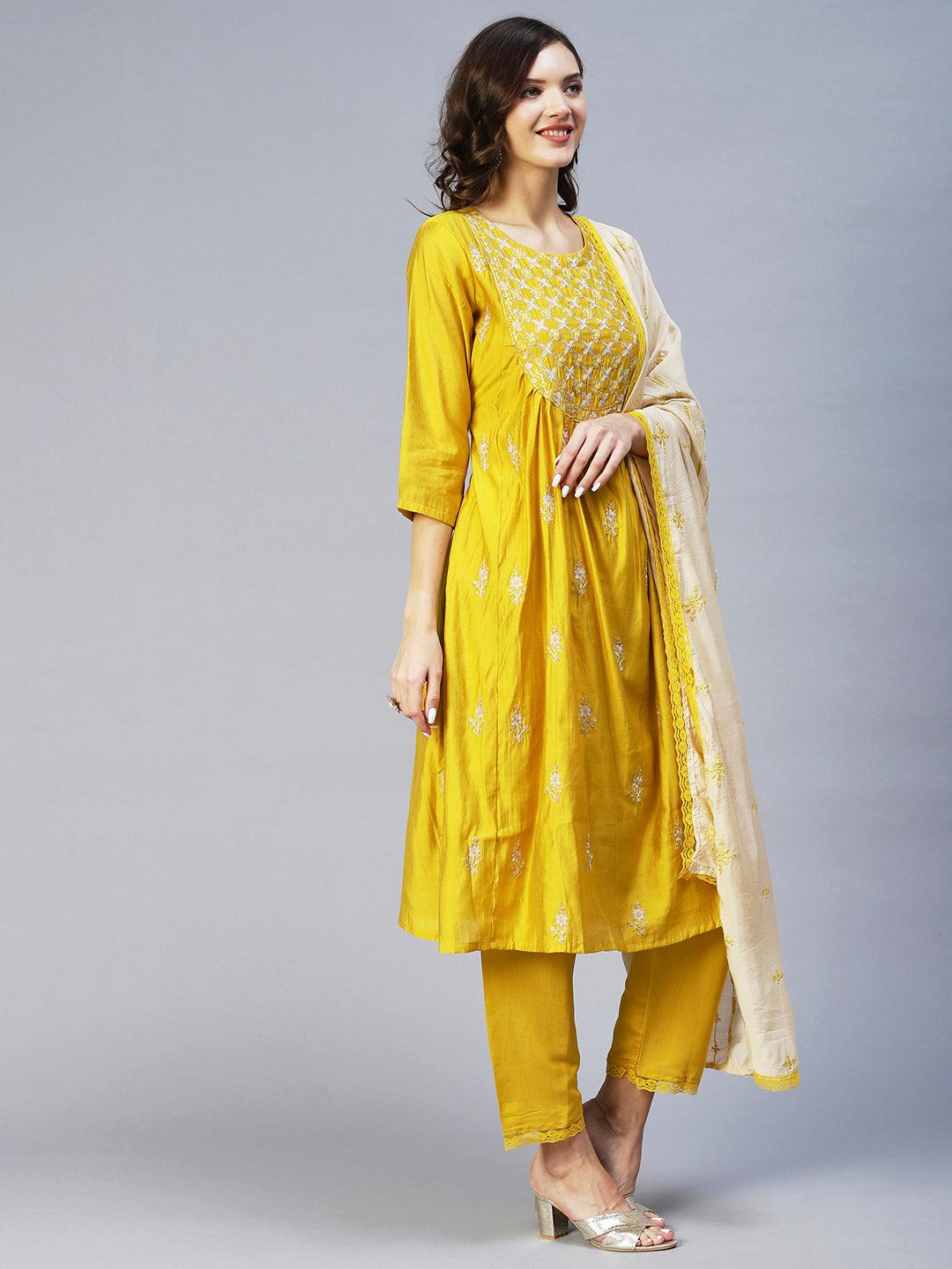 Ethnic Embroidered A-Line Kurta with Pant & Dupatta - Yellow - Indiakreations