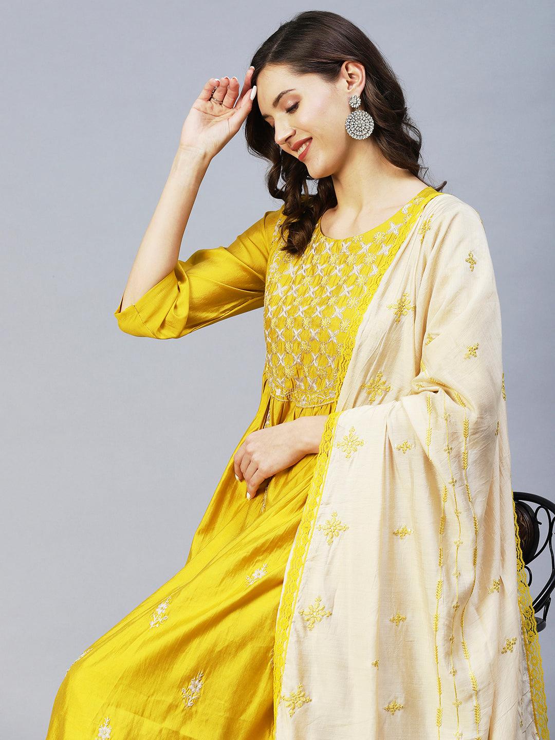 Ethnic Embroidered A-Line Kurta with Pant & Dupatta - Yellow - Indiakreations