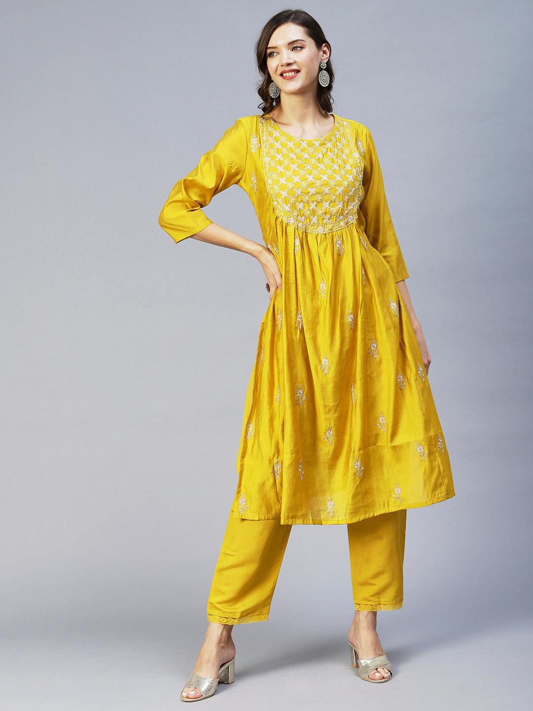 Ethnic Embroidered A-Line Kurta with Pant & Dupatta - Yellow - Indiakreations