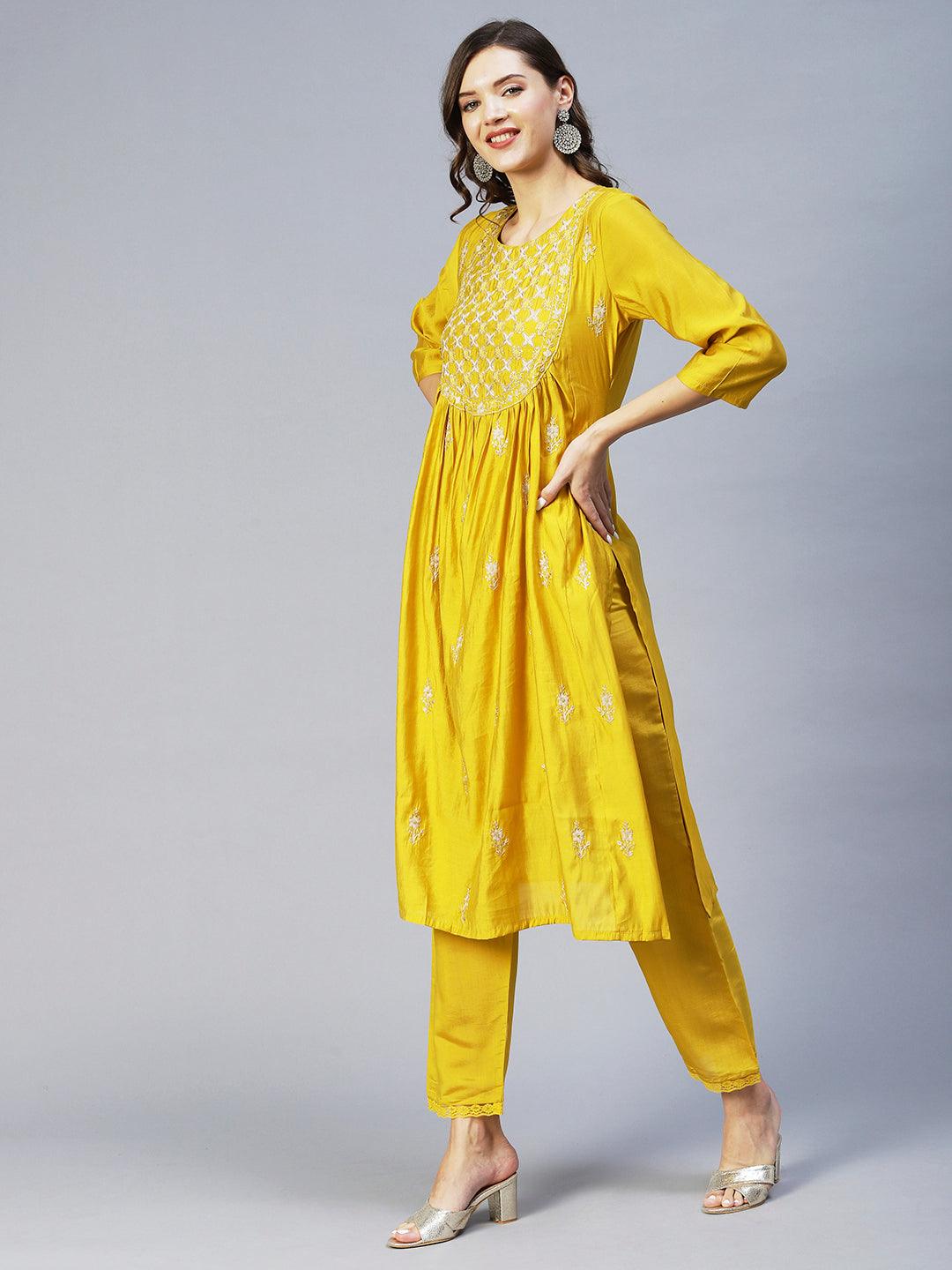 Ethnic Embroidered A-Line Kurta with Pant & Dupatta - Yellow - Indiakreations