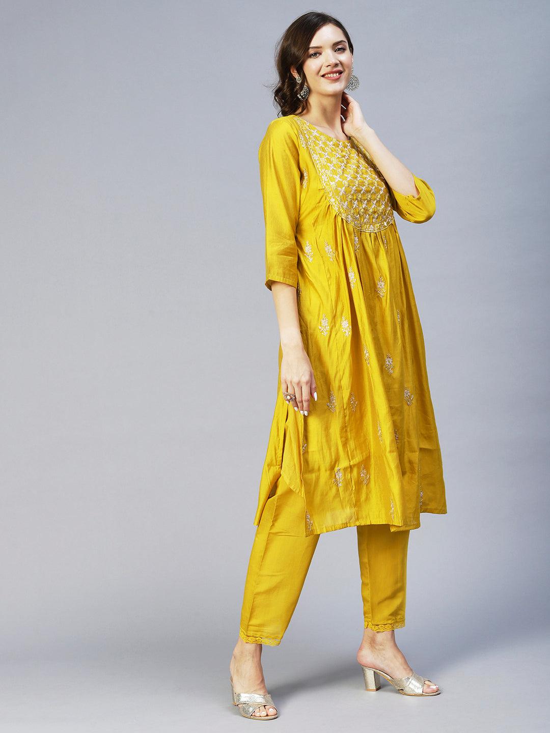 Ethnic Embroidered A-Line Kurta with Pant & Dupatta - Yellow - Indiakreations