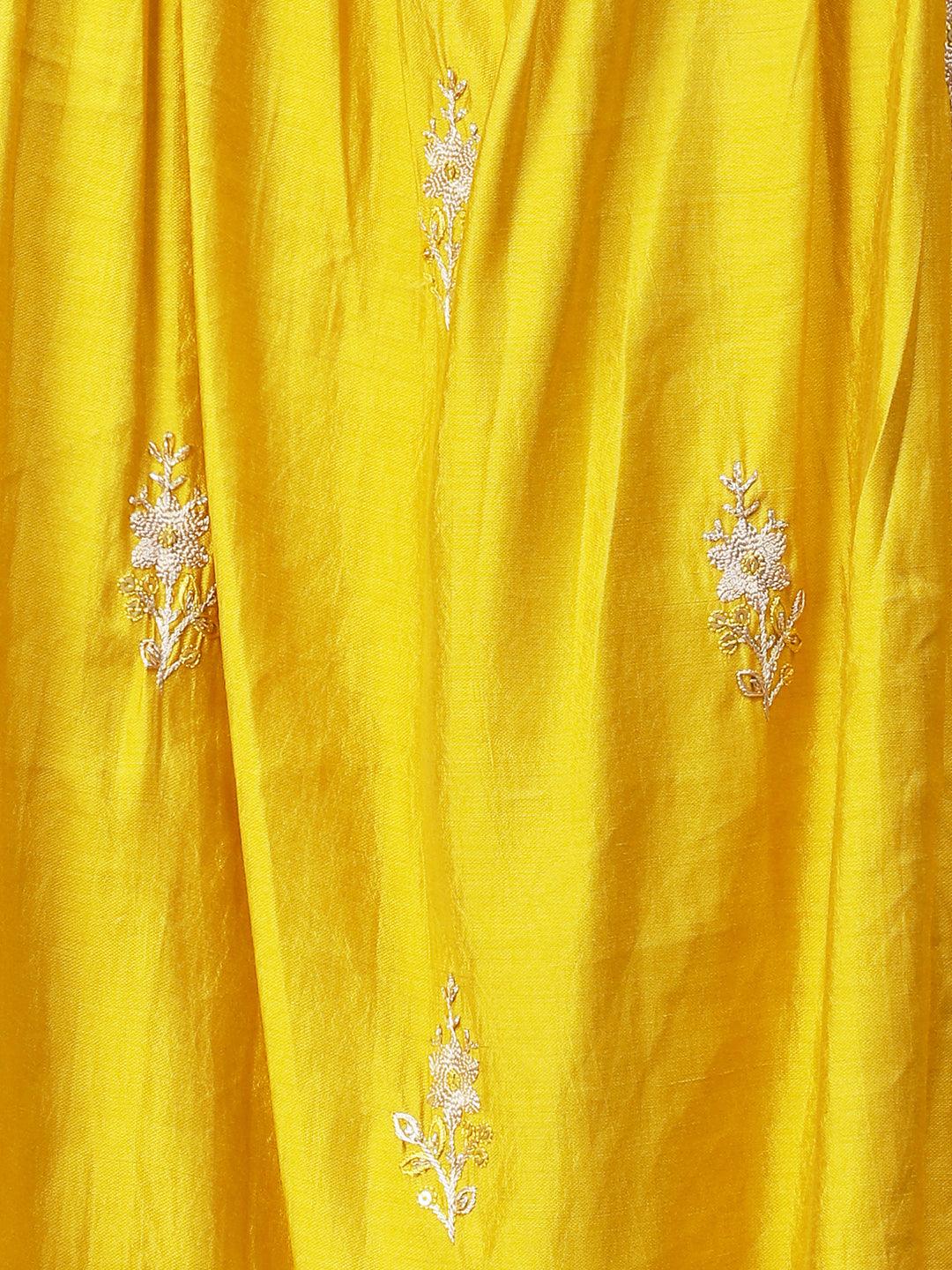 Ethnic Embroidered A-Line Kurta with Pant & Dupatta - Yellow - Indiakreations