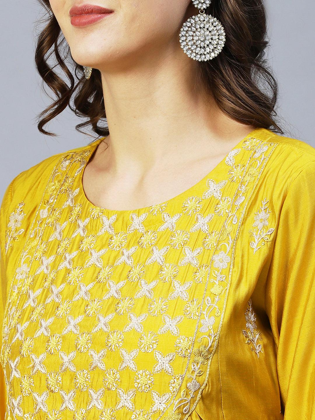 Ethnic Embroidered A-Line Kurta with Pant & Dupatta - Yellow - Indiakreations