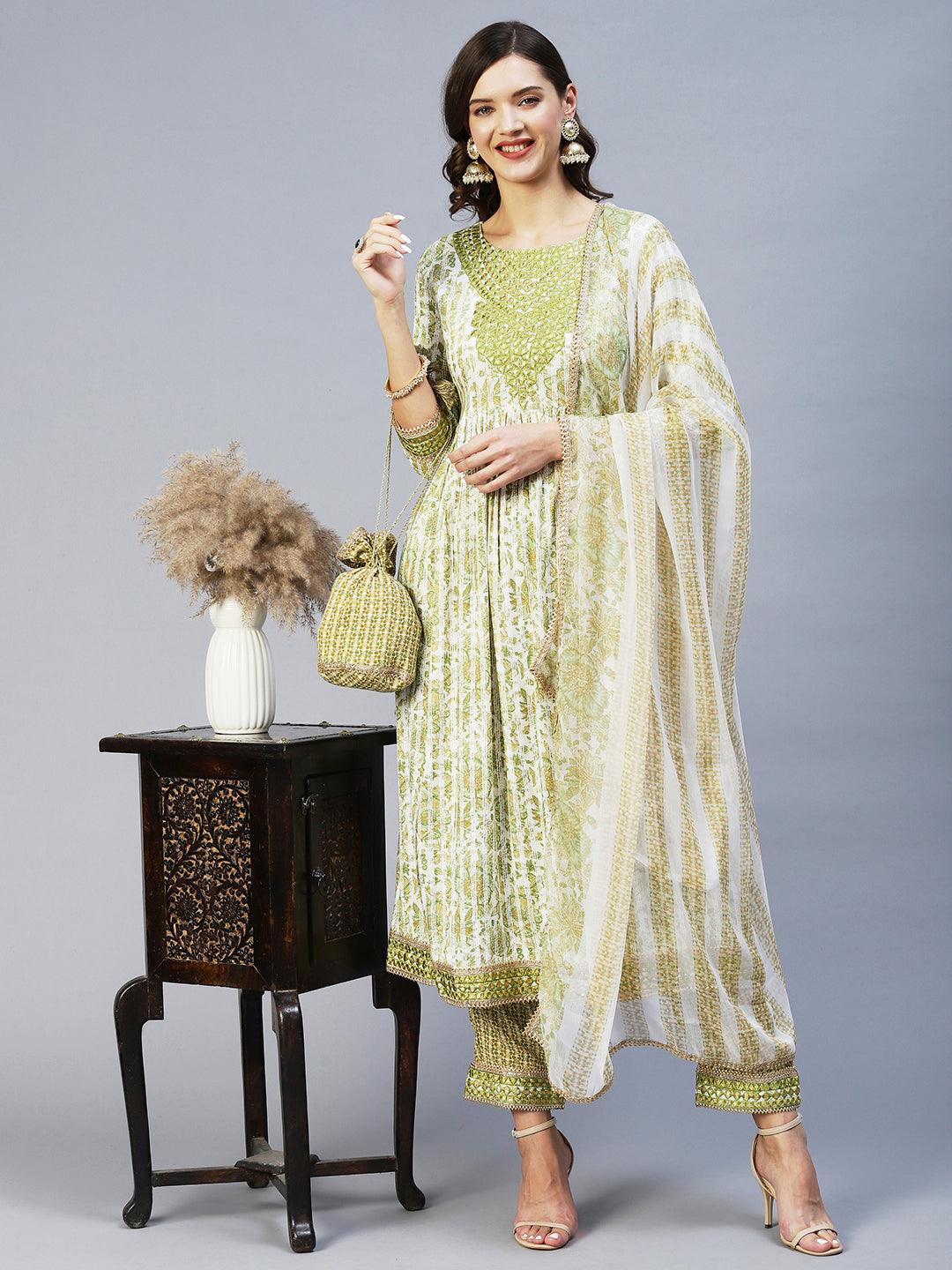 Floral Printed & Embroidered A-Line Kurta with Pant & Dupatta - Light Green - Indiakreations