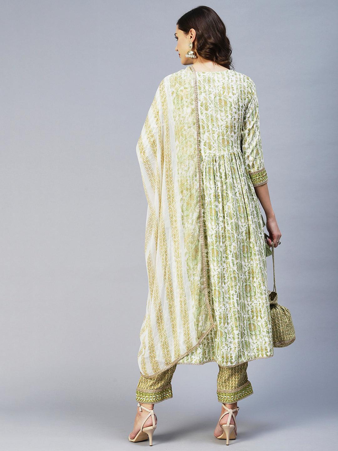 Floral Printed & Embroidered A-Line Kurta with Pant & Dupatta - Light Green - Indiakreations