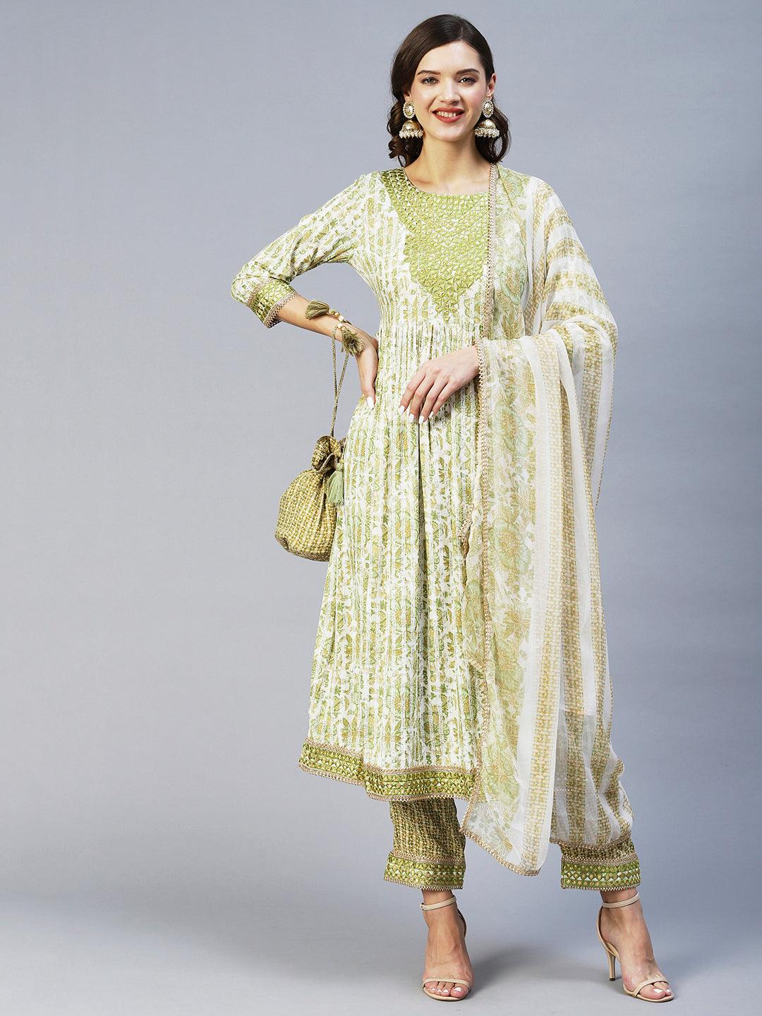 Floral Printed & Embroidered A-Line Kurta with Pant & Dupatta - Light Green - Indiakreations