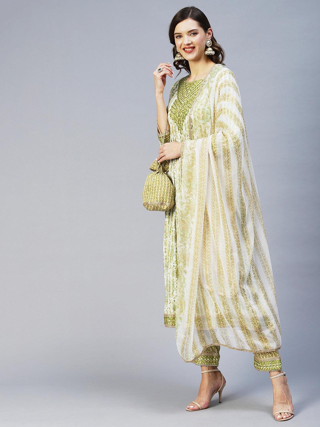 Floral Printed & Embroidered A-Line Kurta with Pant & Dupatta - Light Green - Indiakreations