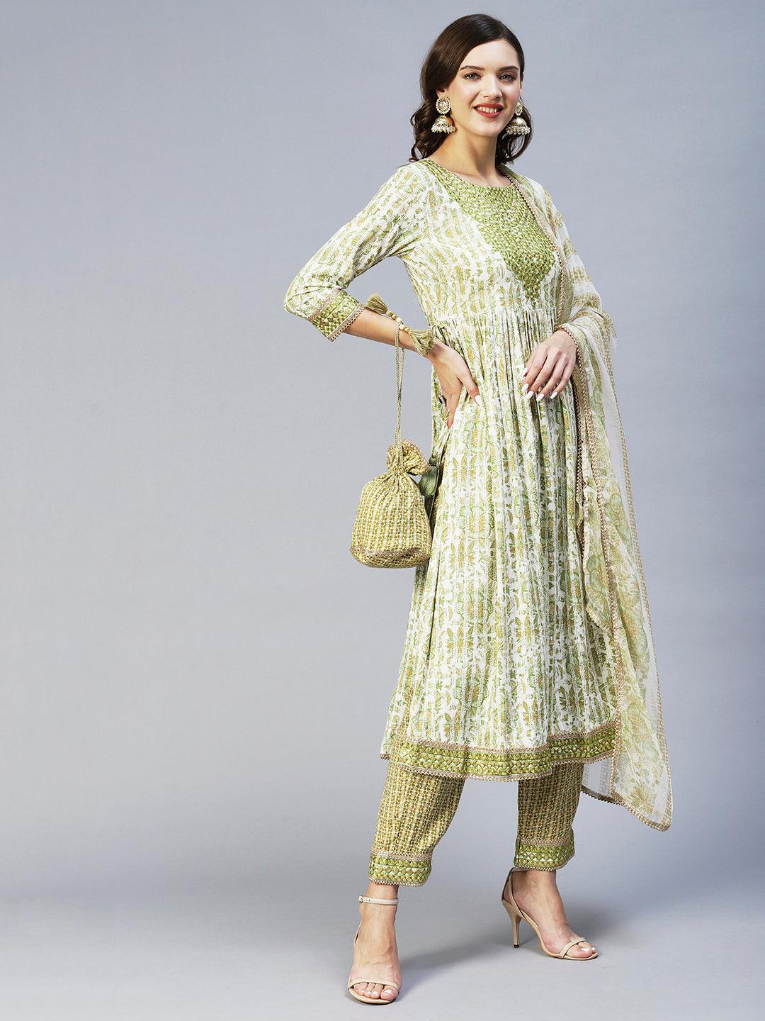 Floral Printed & Embroidered A-Line Kurta with Pant & Dupatta - Light Green - Indiakreations