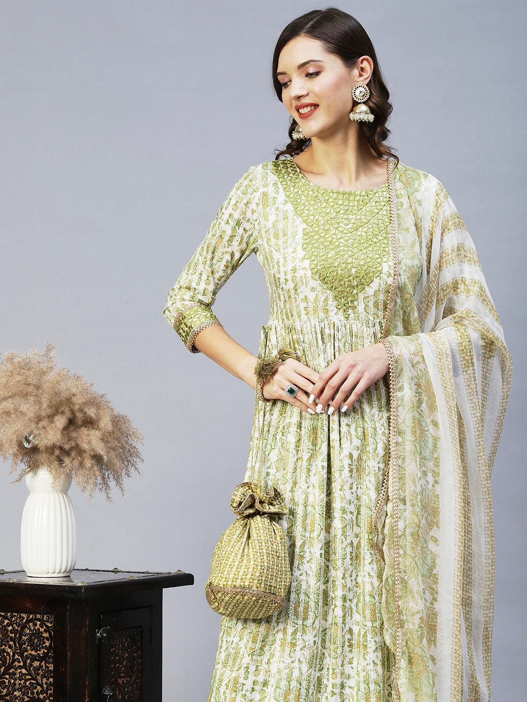 Floral Printed & Embroidered A-Line Kurta with Pant & Dupatta - Light Green - Indiakreations