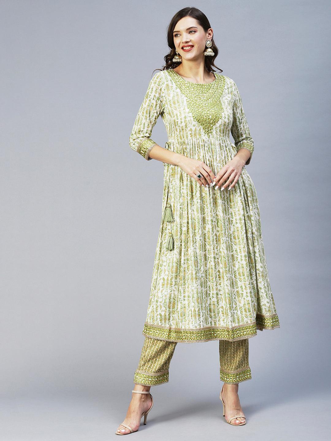 Floral Printed & Embroidered A-Line Kurta with Pant & Dupatta - Light Green - Indiakreations