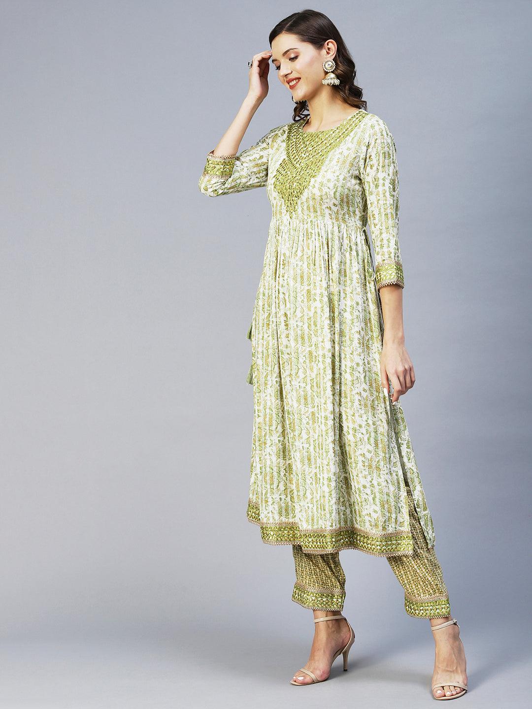 Floral Printed & Embroidered A-Line Kurta with Pant & Dupatta - Light Green - Indiakreations