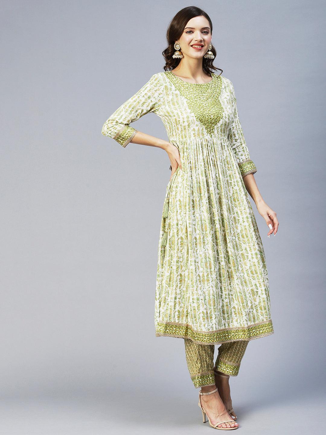 Floral Printed & Embroidered A-Line Kurta with Pant & Dupatta - Light Green - Indiakreations