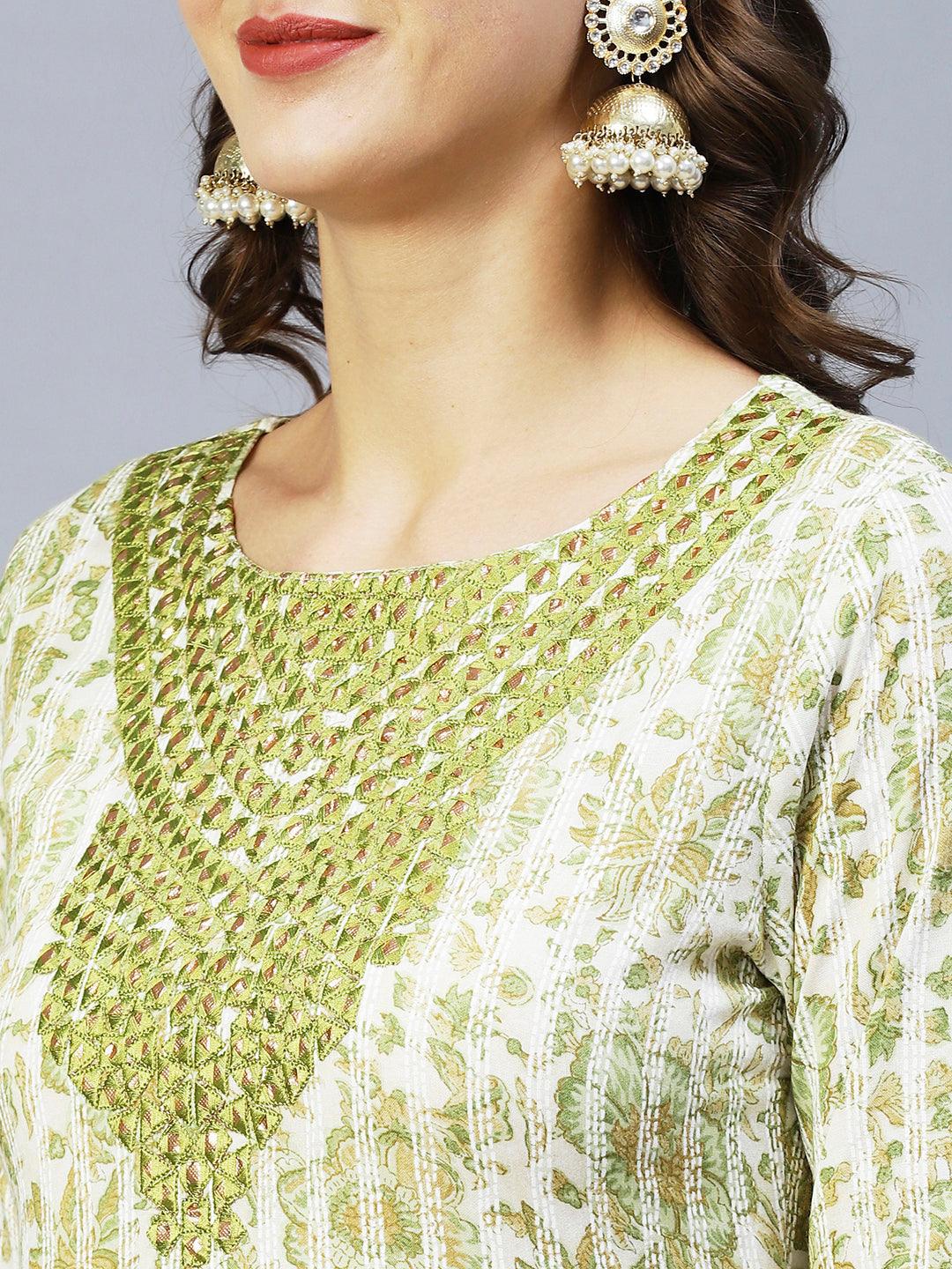 Floral Printed & Embroidered A-Line Kurta with Pant & Dupatta - Light Green - Indiakreations