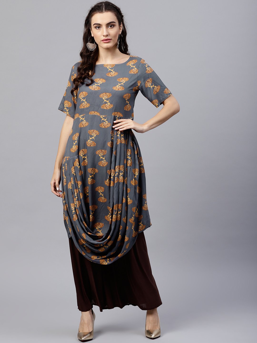 Blue printed A-line kurta with round neck and half sleeves | NOZ2TOZ - Made In INDIA.