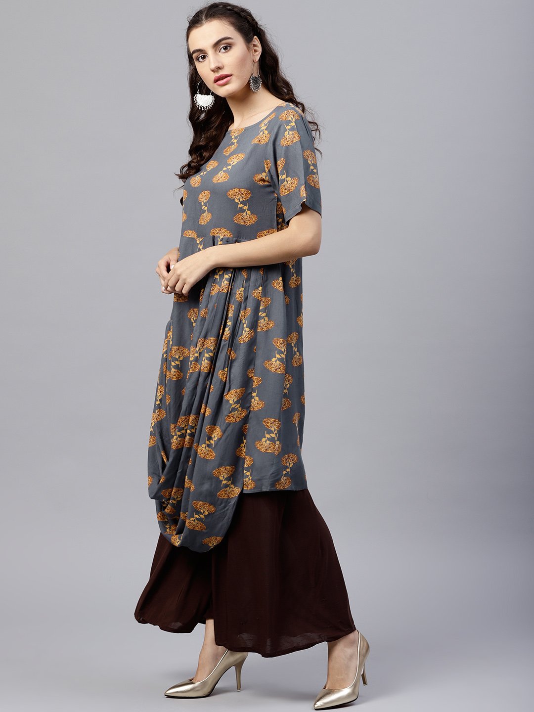 Blue printed A-line kurta with round neck and half sleeves | NOZ2TOZ - Made In INDIA.