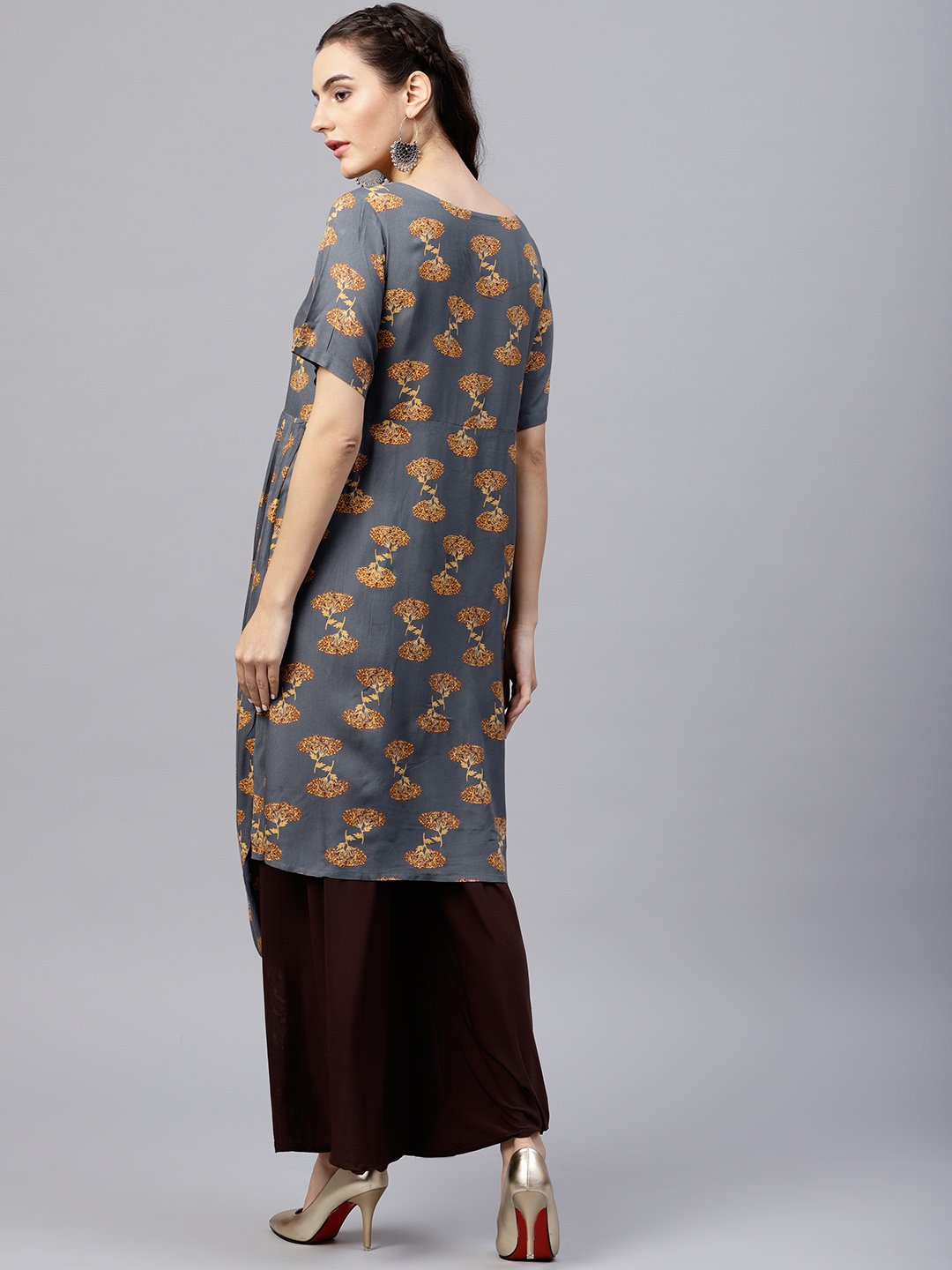 Blue printed A-line kurta with round neck and half sleeves | NOZ2TOZ - Made In INDIA.