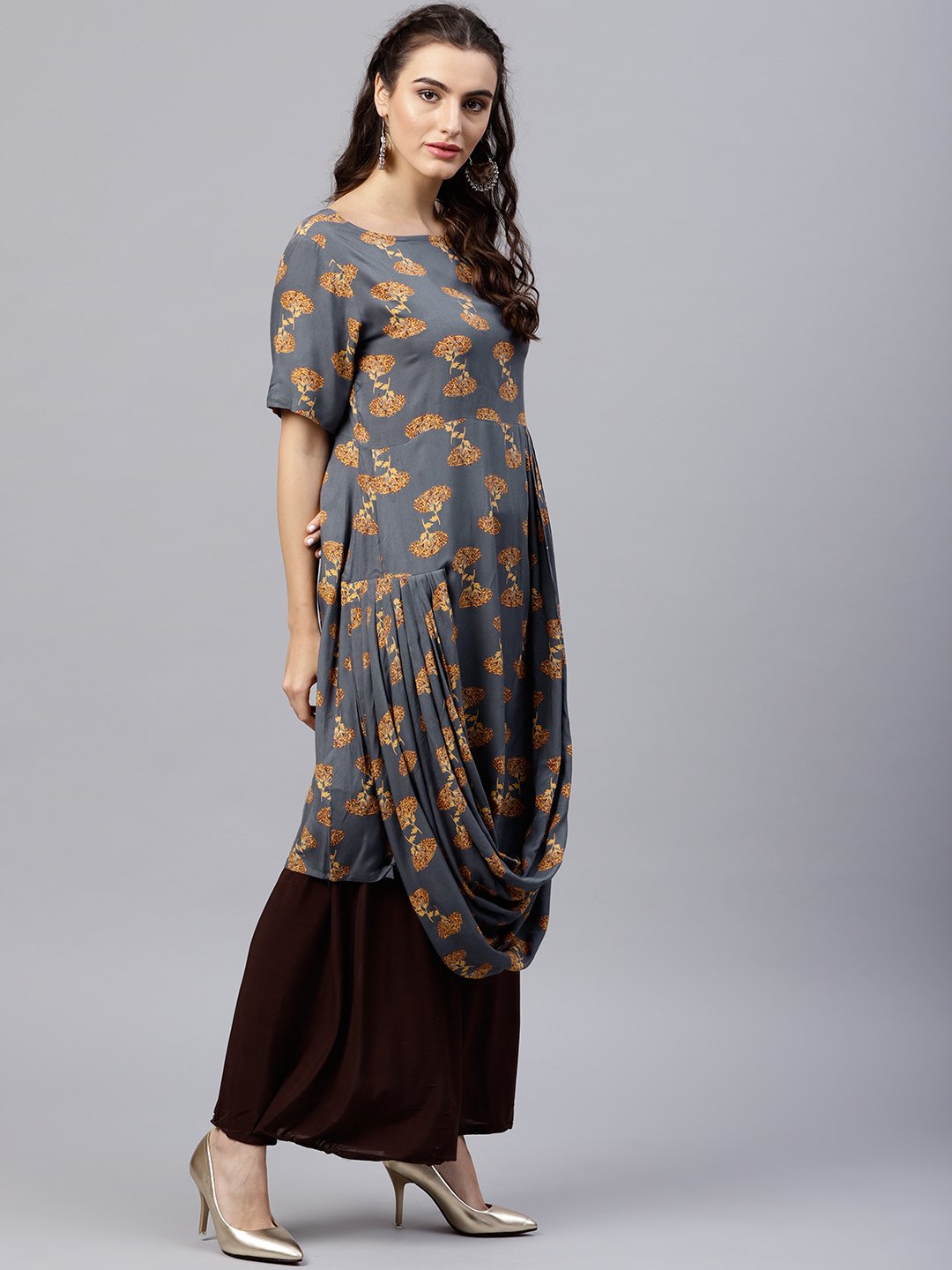 Blue printed A-line kurta with round neck and half sleeves | NOZ2TOZ - Made In INDIA.