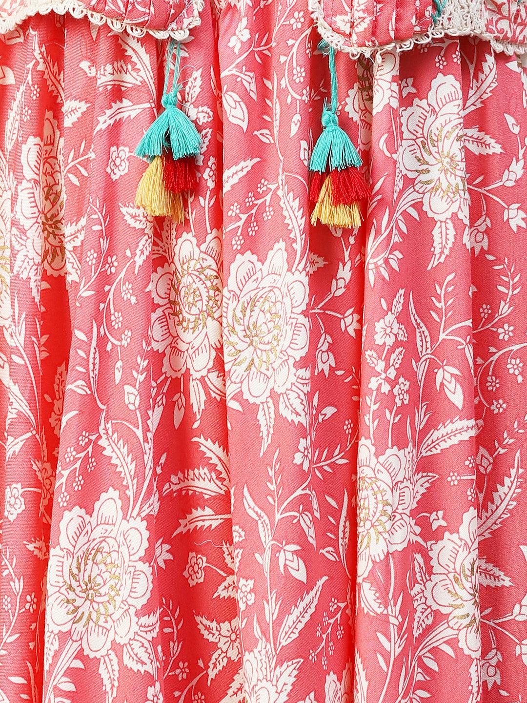 Floral Printed Flared Maxi Dress with Embroidered Jacket - Peach - Indiakreations