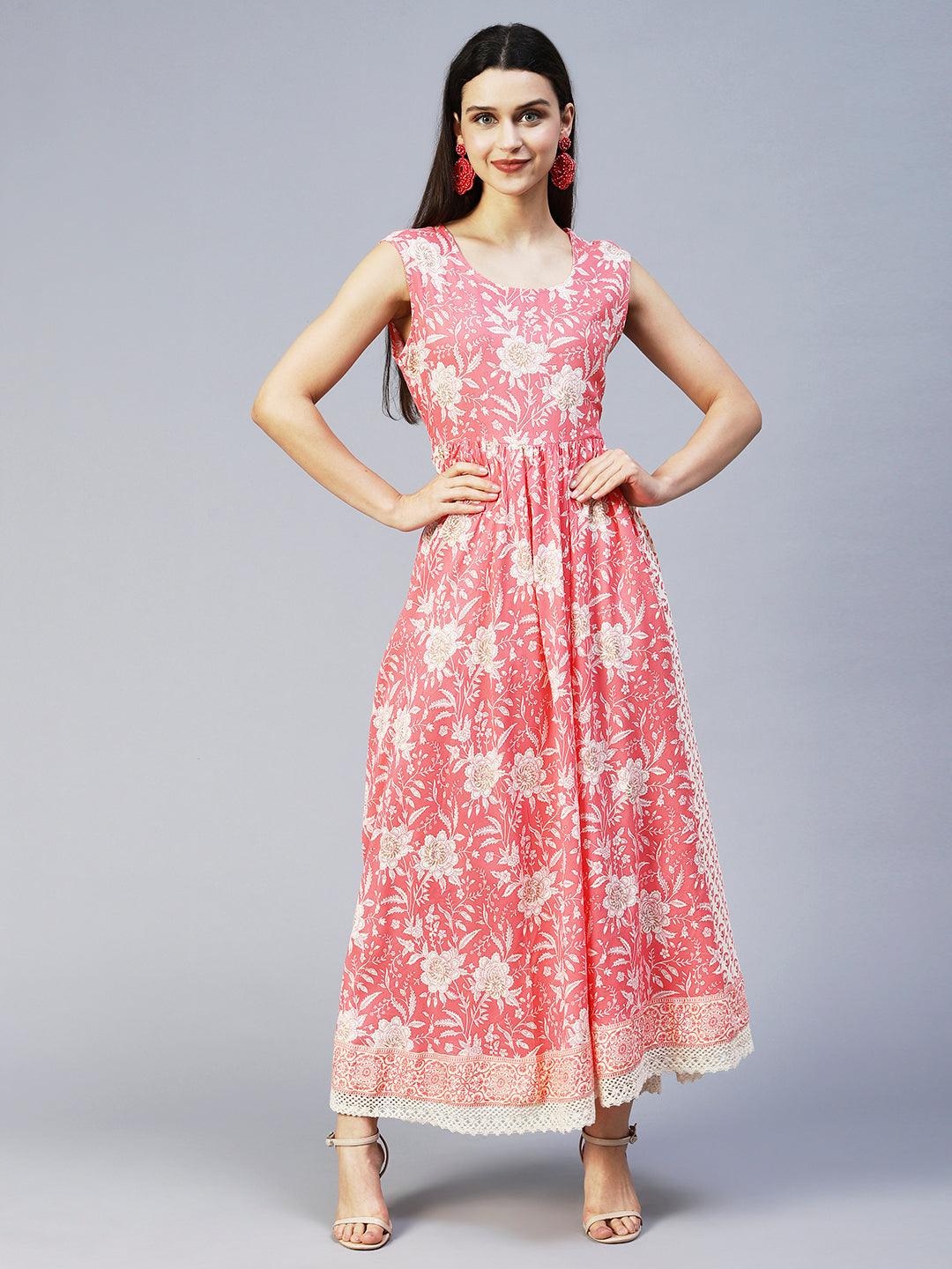 Floral Printed Flared Maxi Dress with Embroidered Jacket - Peach - Indiakreations