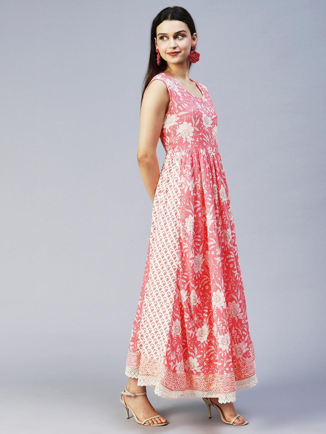 Floral Printed Flared Maxi Dress with Embroidered Jacket - Peach - Indiakreations