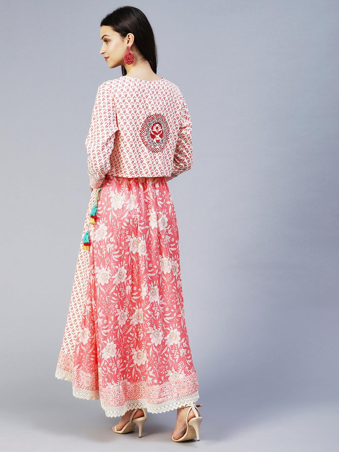 Floral Printed Flared Maxi Dress with Embroidered Jacket - Peach - Indiakreations