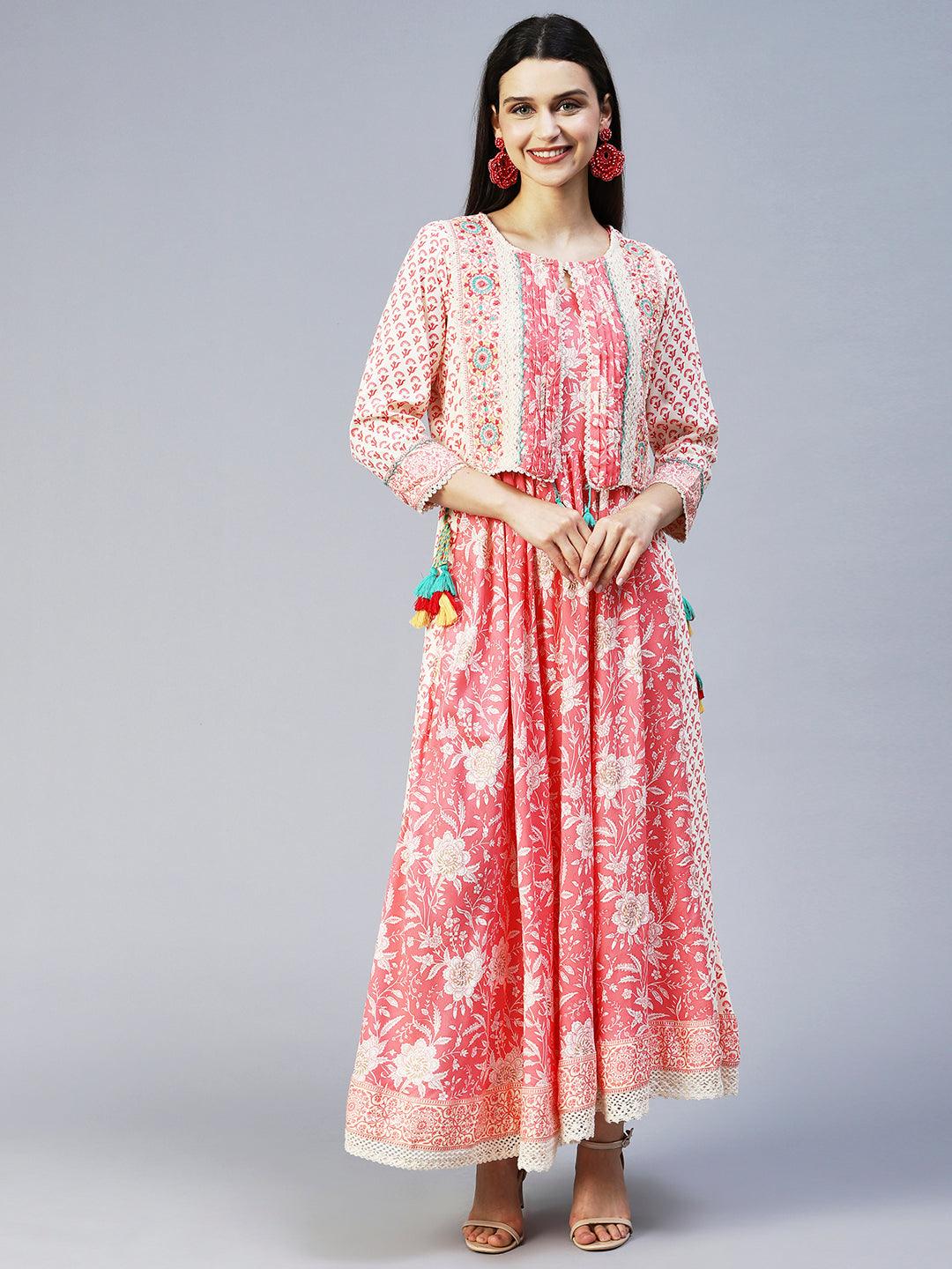 Floral Printed Flared Maxi Dress with Embroidered Jacket - Peach - Indiakreations